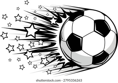 Dynamic soccer ball in motion, leaving trail of stars and speed lines. Energetic sports graphic for advertising, banners, or website design. Modern abstract football illustration.