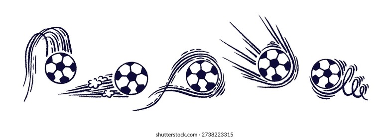 Dynamic soccer ball in motion with speed line and trail effect. Perfect for sports logo, game illustrations and athletic activity design. Vector scribble pencil collection isolated