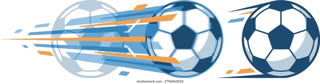 Dynamic soccer ball motion vector set, flying football with speed lines in blue and orange, fast moving sports equipment icons for tournament branding