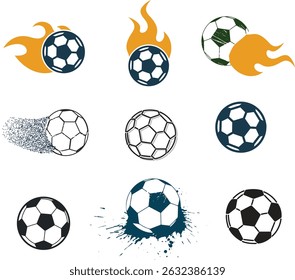Dinâmico bola de futebol vetor conjunto com chama, movimento e efeitos de splash