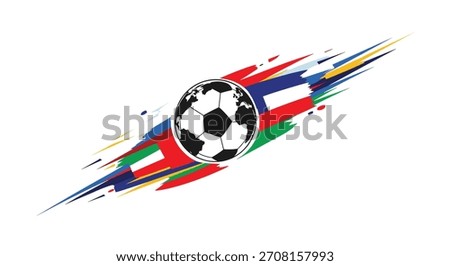 A dynamic soccer ball with a world map design on a background of colorful abstract brush strokes for a global tournament.