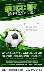Dynamic soccer or football tournament poster template with ball, lightning and grungy elements and place for your photo - vector illustration