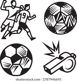 Dynamic soccer game players, balls, and whistle with stylized geometric shapes and lines keywords: soccer, football
