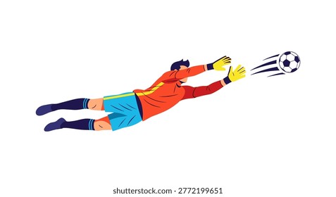 Dynamic soccer goalkeeper making a save in mid-air with soccer ball, showcasing agility and skill in a football match, ready to defend the goal.
