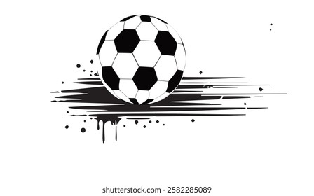 Dynamic soccer illustration with artistic ink splatters creating a sense of action and movement suitable for banners or graphic design elements