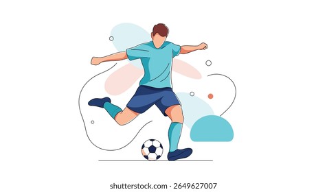 Dynamic soccer player in action capturing a powerful kick towards the goal with abstract background elements and a ball