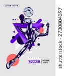Dynamic soccer player action in flat vector style with geometric background elements. Modern sports conceptual art for athletic competition, football tournament, and event sports. National Sports Day