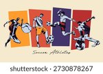 Dynamic soccer player action in flat vector style with geometric background elements. Modern sports conceptual art for athletic competition, football tournament, and event sports. National Sports Day