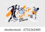 Dynamic soccer player action in flat vector style with geometric background elements. Modern sports conceptual art for athletic competition, football tournament, and event sports. National Sports Day