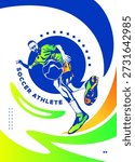 Dynamic soccer player action in flat vector style with geometric background elements. Modern sports conceptual art for athletic competition, football tournament, and event sports. National Sports Day