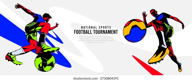 Dynamic soccer player action in flat vector style with geometric background elements. Modern sports conceptual art for athletic competition, football tournament, and event sports. National Sports Day