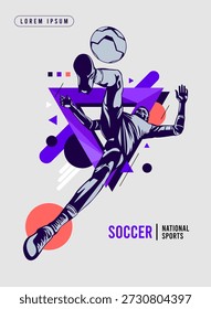 Dynamic soccer player action in flat vector style with geometric background elements. Modern sports conceptual art for athletic competition, football tournament, and event sports. National Sports Day