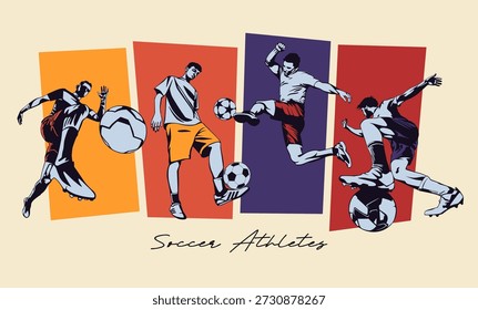 Dynamic soccer player action in flat vector style with geometric background elements. Modern sports conceptual art for athletic competition, football tournament, and event sports. National Sports Day