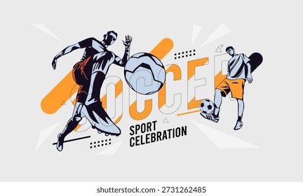 Dynamic soccer player action in flat vector style with geometric background elements. Modern sports conceptual art for athletic competition, football tournament, and event sports. National Sports Day