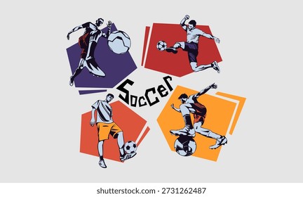 Acción dinámica del jugador de fútbol en estilo de Vector plano con Elementos de fondo geométricos. Arte conceptual deportivo moderno para competición atlética, torneo de fútbol y deportes de evento. Día Nacional del Deporte