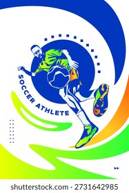 Dynamic soccer player action in flat vector style with geometric background elements. Modern sports conceptual art for athletic competition, football tournament, and event sports. National Sports Day