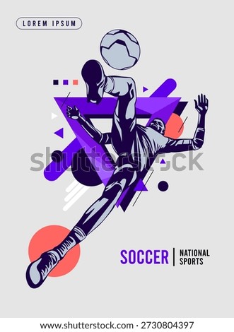 Dynamic soccer player action in flat vector style with geometric background elements. Modern sports conceptual art for athletic competition, football tournament, and event sports. National Sports Day