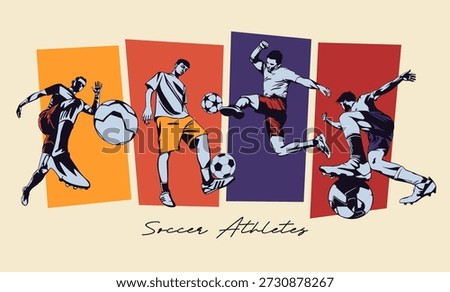 Dynamic soccer player action in flat vector style with geometric background elements. Modern sports conceptual art for athletic competition, football tournament, and event sports. National Sports Day