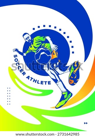Dynamic soccer player action in flat vector style with geometric background elements. Modern sports conceptual art for athletic competition, football tournament, and event sports. National Sports Day
