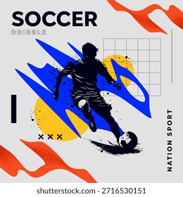 Jugador de fútbol dinámico que dribla la Ilustración vectorial de la pelota con Formas geométricas abstractas y texturas del grunge. Diseño de póster deportivo moderno para torneos de fútbol, fitness o eventos deportivos. Día Nacional del Deporte