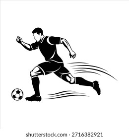 Dinámico jugador de fútbol en movimiento completo, balón de regate. Atleta corriendo rápido, con líneas de velocidad arrastrándose. Juego de fútbol, concepto de competición deportiva.