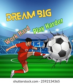 Dynamic Soccer Player Kicking Ball with Inspirational Motivational Text. Illustration of a soccer player striking the ball on a stadium field with motivational words.