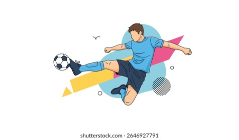 Jogador de futebol dinâmico chutando a arte da bola com formas abstratas e elementos coloridos capturando o movimento atlético