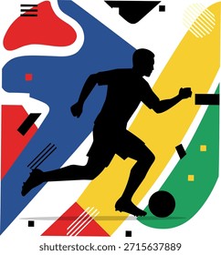 Dynamic soccer player running with the ball in a stylized background. Ideal for sports blogs, social media, and brochures.