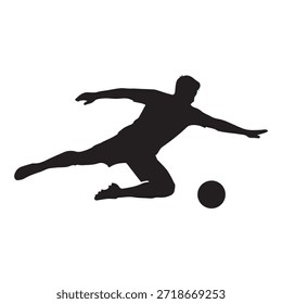 Silueta dinámica del jugador de fútbol realizando una entrada deslizante para ganar la pelota. Ideal para torneos de fútbol, marcas deportivas, pósters de partidos, gráficos deportivos, imágenes de equipos e ilustraciones de juegos defensivos. Obra de arte de Vector limpia y totalmente editable.