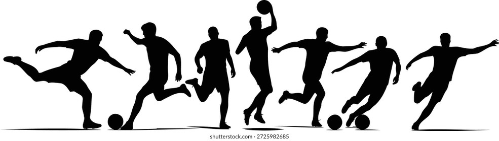 Dynamic soccer player silhouettes in action sequence vector