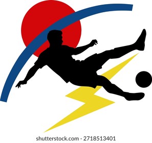 Jogador de futebol dinâmico cercado por formas geométricas e linhas de movimento, perfeito para projetos de design esportivo e materiais de marca atlética.