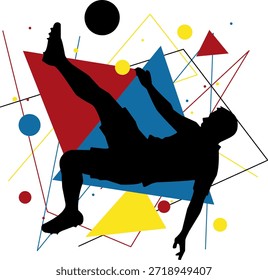 Dynamischer Fußballspieler, umgeben von geometrischen Formen und Bewegungslinien, perfekt für Sportdesign-Projekte und athletische Branding-Materialien.