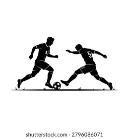 Dynamic soccer players silhouette competing for possession of the ball during a football match. Black vector-style sports illustration featuring two athletes in action on a field. Ideal for football tournaments, sports branding, team promotions, training materials, match posters, athletic websites, apparel designs, and commercial sports graphics. Clean isolated silhouette artwork with strong action and competition theme.