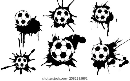 Dynamic soccer splash art featuring six different soccer balls with stylized black ink splashes creates a visually striking composition