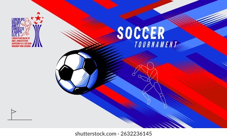 Dynamic soccer tournament vector background set featuring colorful geometric shapes, fast-moving soccer balls, and minimal line art elements on gray backgrounds.