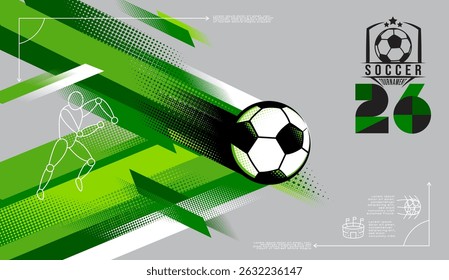 Conjunto de plano de fundo vetor de torneio de futebol dinâmico com formas geométricas coloridas, bolas de futebol de movimento rápido e elementos de arte de linha mínima em cinza 