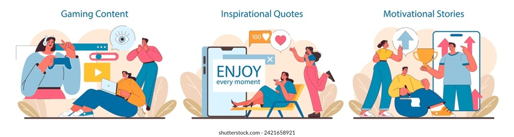 Dynamic Social Media Content set. Interactive gaming streams, life-affirming quotes, and empowering stories. Digital inspirations for play, positivity, and personal growth. Flat vector illustration.