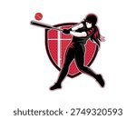 Dynamic Softball Player Swinging Bat in Action with Red Shield Emblem – Sports Branding, Athletic Energy, and Team Spirit Illustration