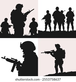 Dynamic Soldier Silhouettes in Tactical Poses Quadrant Collection