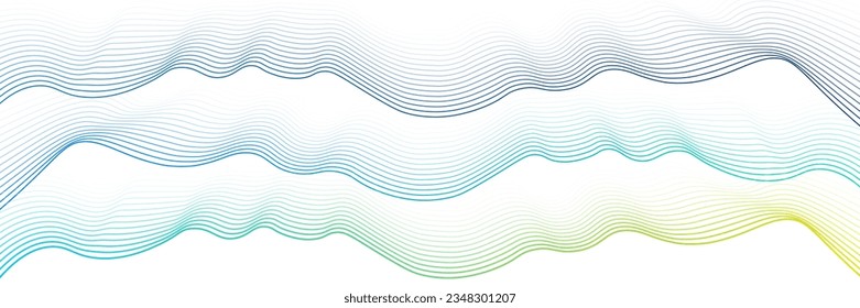 Ola de sonido dinámica aislada en fondo blanco. Pulsación de partículas musicales. Concepto de flujo de energía azul. Representación 3D.