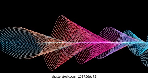 Dynamic sound wave isolated on white background. MAbstract digital sound wave equalizer particle lines with red, purple, blue gradient on dark background.usical particle pulsing.