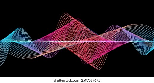 Dynamic sound wave isolated on white background. MAbstract digital sound wave equalizer particle lines with red, purple, blue gradient on dark background.usical particle pulsing.