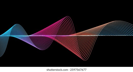 Dynamic sound wave isolated on white background. MAbstract digital sound wave equalizer particle lines with red, purple, blue gradient on dark background.usical particle pulsing.