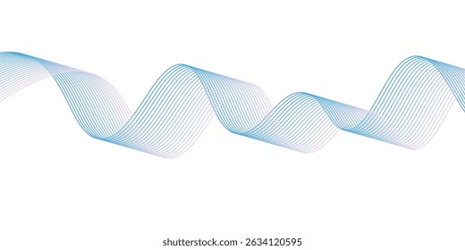 Onda de sonido dinámica aislada sobre fondo blanco. Pulsación de partículas musicales. Concepto de flujo de energía azul. Renderización 3D.