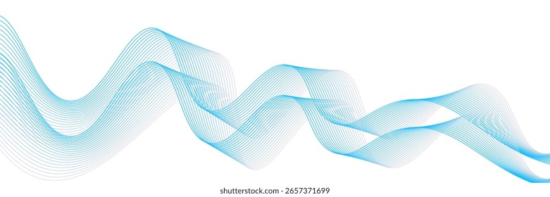 Onda de sonido dinámica aislada sobre fondo blanco. Pulsación de partículas musicales. Concepto de flujo de energía azul. Representación 3D, Ilustración vectorial