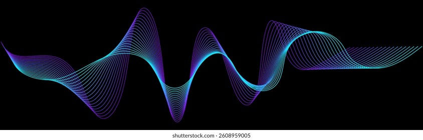 Dynamic sound wave lines pattern flowing dynamic gradient smooth blue purple colors isolated on black background