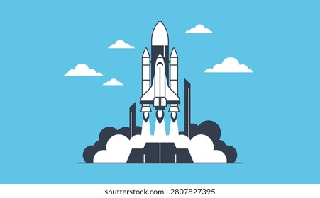 Dynamic space shuttle launch vector illustration depicting rocket taking off into sky with thick exhaust smoke trails emerging from engines beneath vehicle frame representing innovation mission exploration success startup growth business development ambition power speed technology aerospace industry journey.