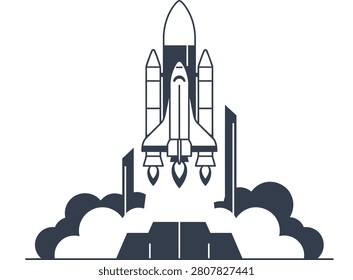 Dynamic space shuttle launch vector illustration depicting rocket taking off into air with thick exhaust smoke trails emerging from engines beneath vehicle frame representing innovation mission exploration success startup growth business development ambition power speed technology aerospace industry journey.