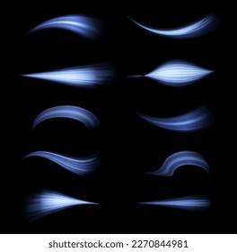 Olas de chispa dinámicas. Línea de movimiento brillante azul. Efecto espumoso claro. Rayos voladores mágicos de brillo, partículas brillantes de brillo vuelan. Líneas de velocidad luminosas. Ilustración vectorial.