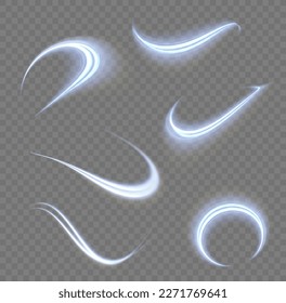 Dynamic sparkle waves. Blue glowing motion line. Luminous lines of speed. Light sparkling effect. Magic speed flying trails of shine, bright shimmer particles fly. Vector illustration.